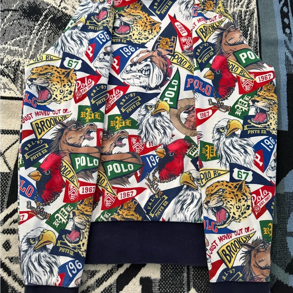 Polo Ralph Lauren University Mascot Graphic Scripted Patchwork Crewneck Sweater